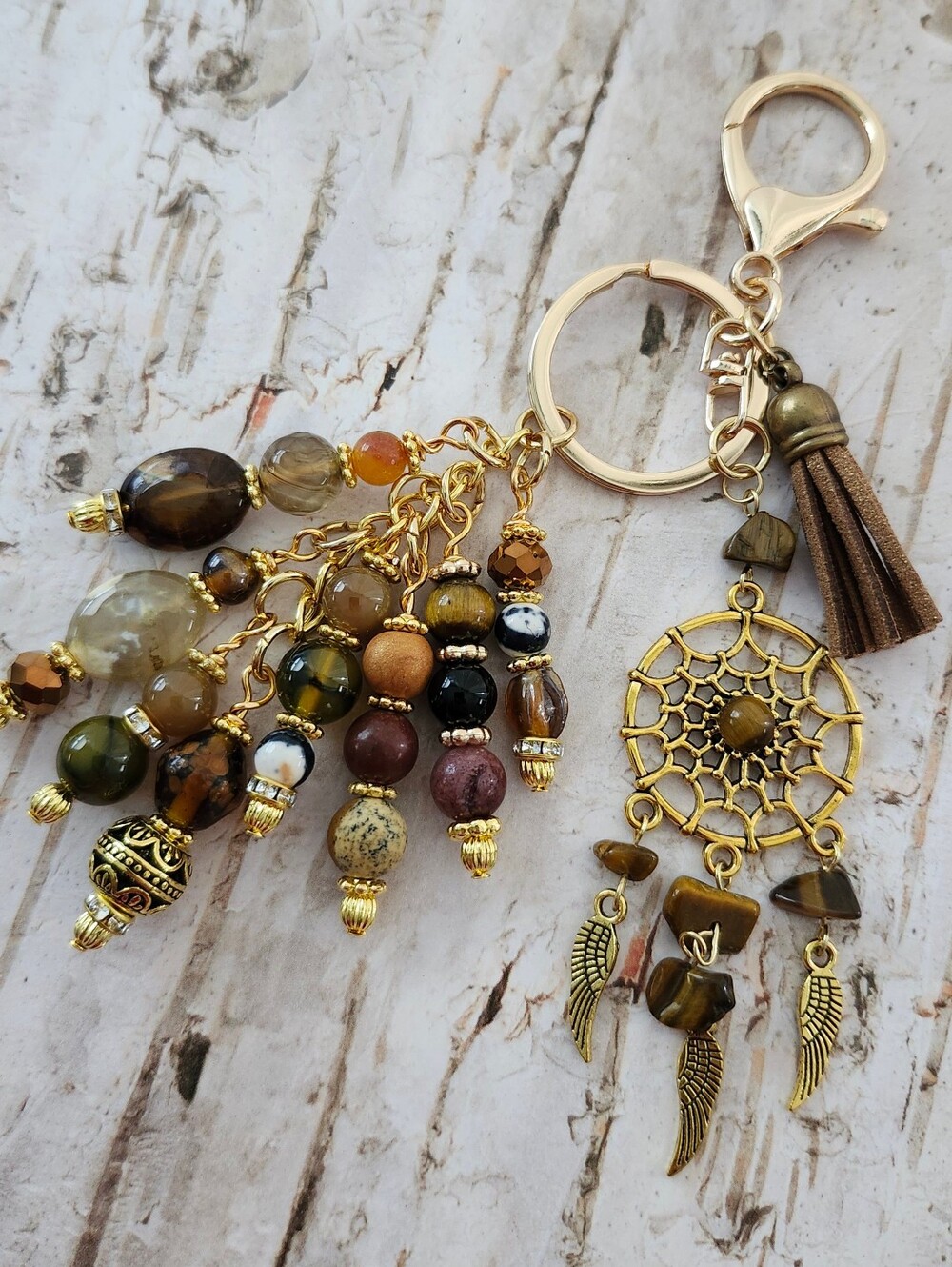 Dreamcatcher Boho Purse Charm or Keychain Rhodonite Dragon Agate Handcrafted